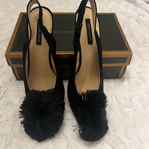 Ava & Aiden Black Pom-Pom Slingback Heels